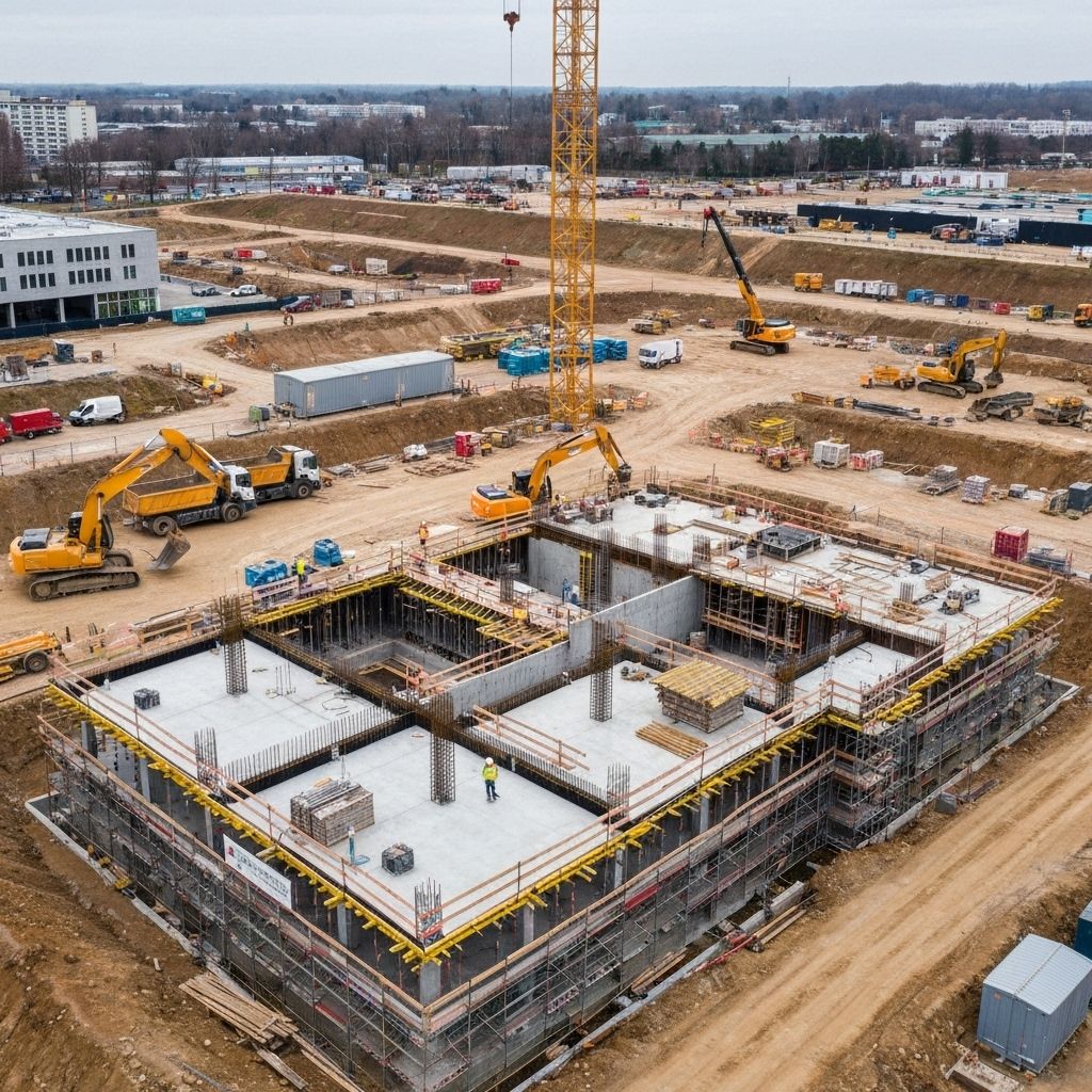 Chantier de construction moderne avec modélisation 3D
